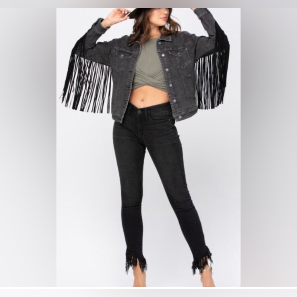 Judy Blue Black Gray Fringe Denim Jacket Large